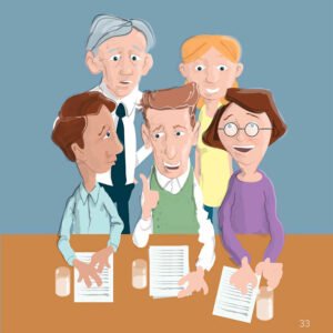 A group of people making decisions on paper together